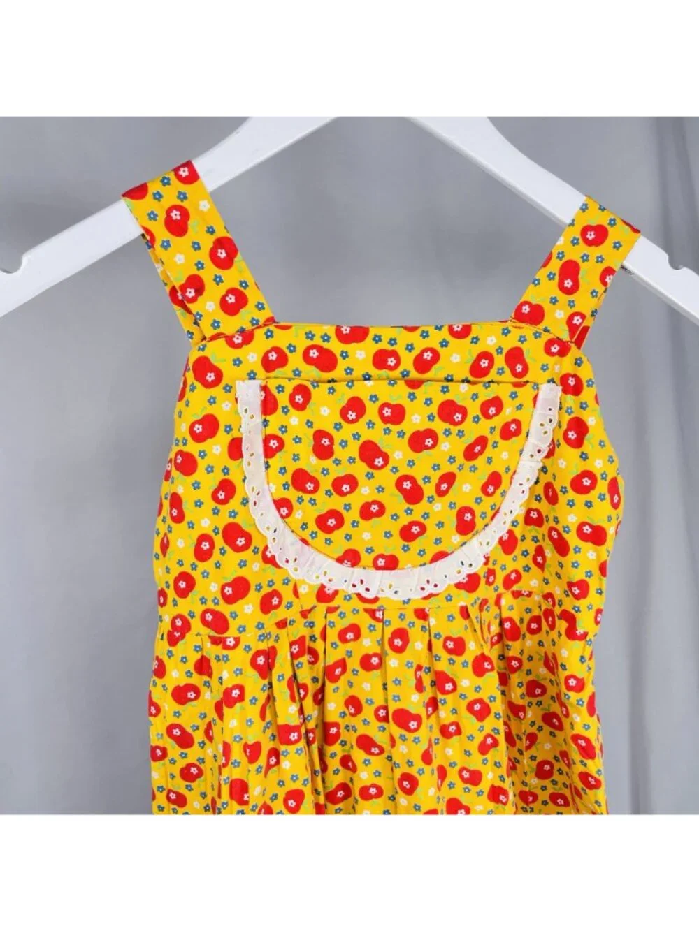 Vintage 70s Girls Yellow Fruit Apple Print Lace Bib Cottage Prairie Dress 6 - 7